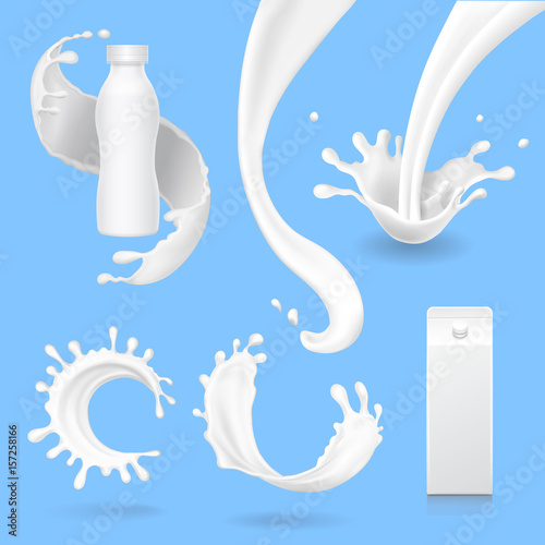 Milk splash and pouring set vector 3d illustration.