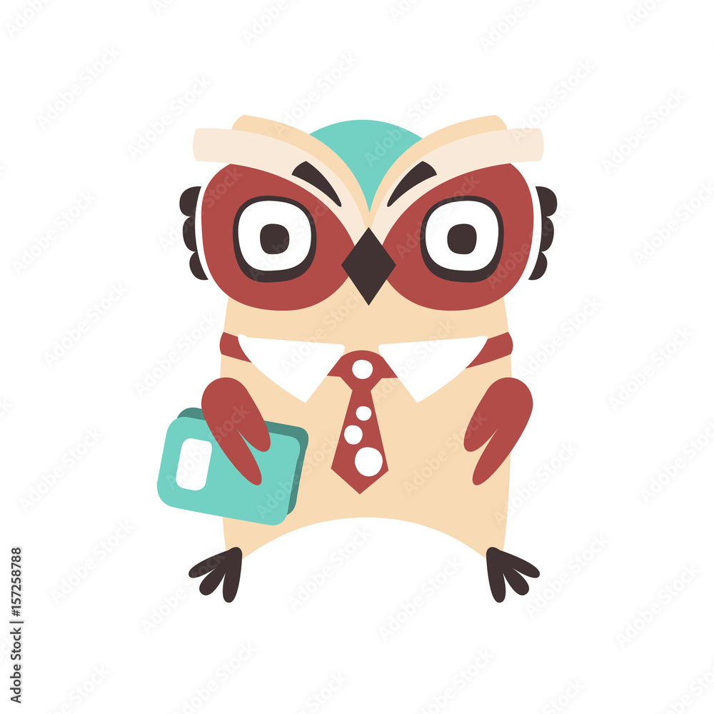 Smart cartoon owl bird colorful character vector Illustration