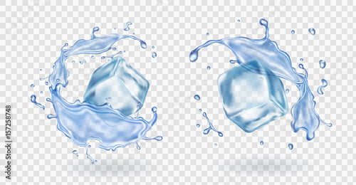 Ice cube and water splashing set on transparent background vector