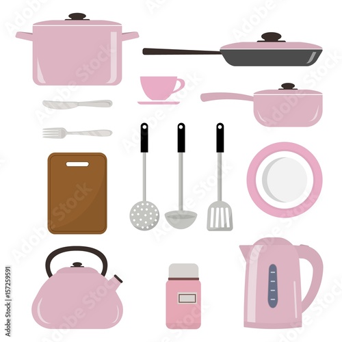 Set of kitchen utensils and tools in a pink color isolated on white background. There is a saucepan, a kettle, a frying pan, a plate, a fork, a knife and other objects in the picture. Vector image