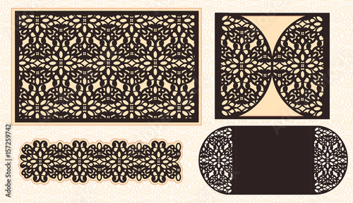 Laser Cut Invitation Card. Laser cutting pattern for invitation wedding card.Vector panel. Template with laces flower.