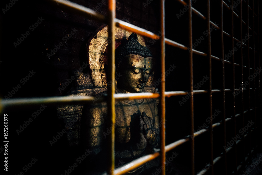 Naklejka premium Old Buddha statue in the rusty iron cage.