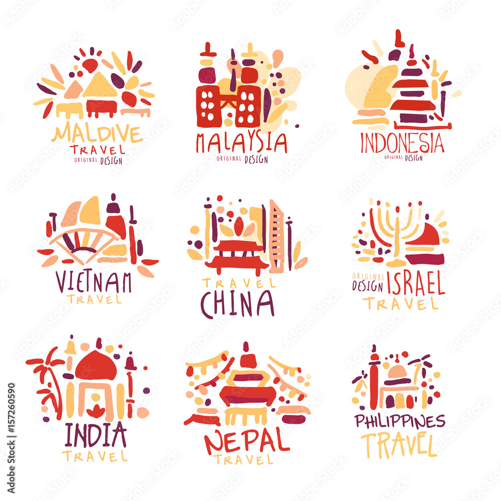 Maldives, Malaysia, Indonesia, Vietnam, China, Israel, India, Nepal, Filipinos set of colorful promo signs. Summer travel hand drawn vector Illustrations