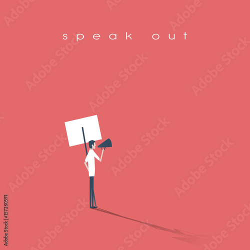Protester speaking through megaphone or bullhorn and holding a placard, banner vector icon. Symbol of activism, demonstration.