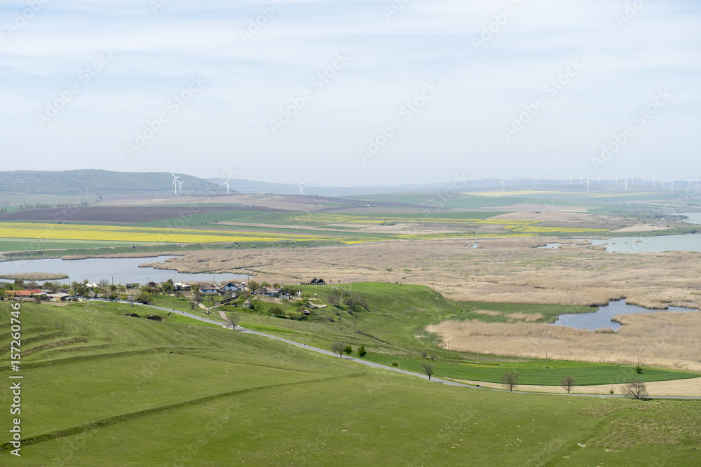 Beautiful panorama from Enisala Medieval Fortress also referred as Heracleea Fortress with Razim lake in the background, Tulcea county, Dobrogea region, Romania, in a sunny spring day 