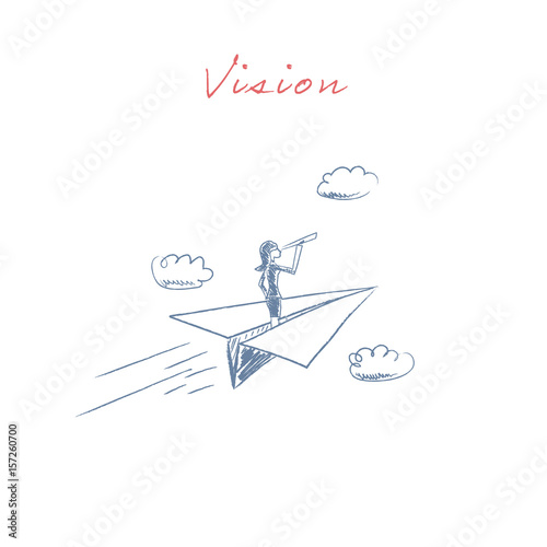 Business woman flying on a paper plane looking ahead through monoscope or telescope. Symbol of business vision, visionary and leadership.