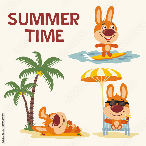 Summer time. Set happy bunny rabbit resting on beach. Collection cartoon bunny rabbit surfing, laying under palm tree, resting in recliner with cocktail.