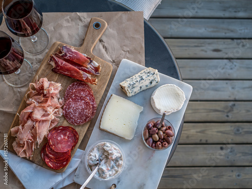 Mixed plate of charcuterie overhead view