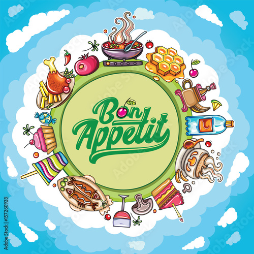 Vector cartoon frame: Food and drink planet with delicious meal icons.  Place for your text. Bon appetit lettering. Tasty illustration: for cafe banners, restaurant cards, and food court specials