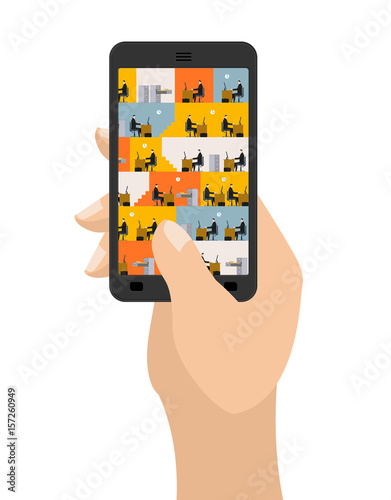 Office in smartphone. Workplace in phone. Managers in work. Business situation. Head and subordinate relationship. Tables and File Cabinet. Businessman at job