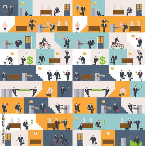 Office life pattern. Corporate background. Managers in workplace. Business situation. Boss and subordinate relationship. Working time. Tables and File Cabinet. Businessman at work. job interior