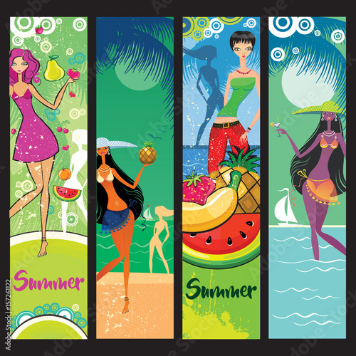 Vector set of summer banners with beautiful women silhouettes, tropical landscapes, juicy fruits, exotic cocktails, the seaside. Templates for vacation travel design, beach party invitation, on white 
