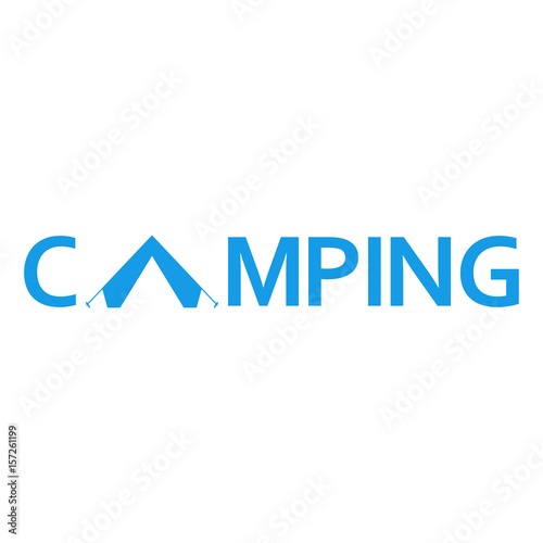 Icono plano CAMPING con tienda de camping azul en fondo blanco
