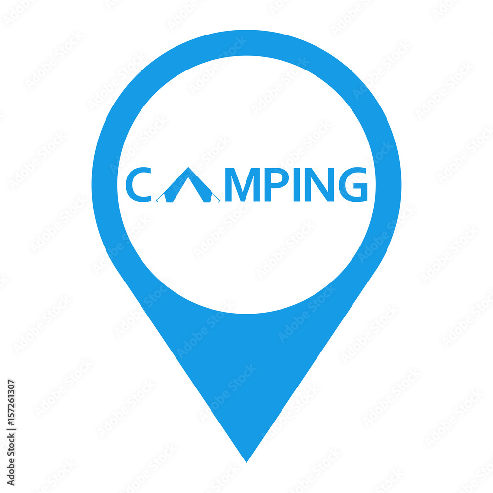 Icono plano localizacion CAMPING y tienda de camping azul Icono plano localizacion CAMPING y tienda de camping azul