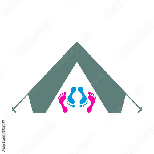 Icono plano sexo en tienda de camping gris y pies azul y rosa
