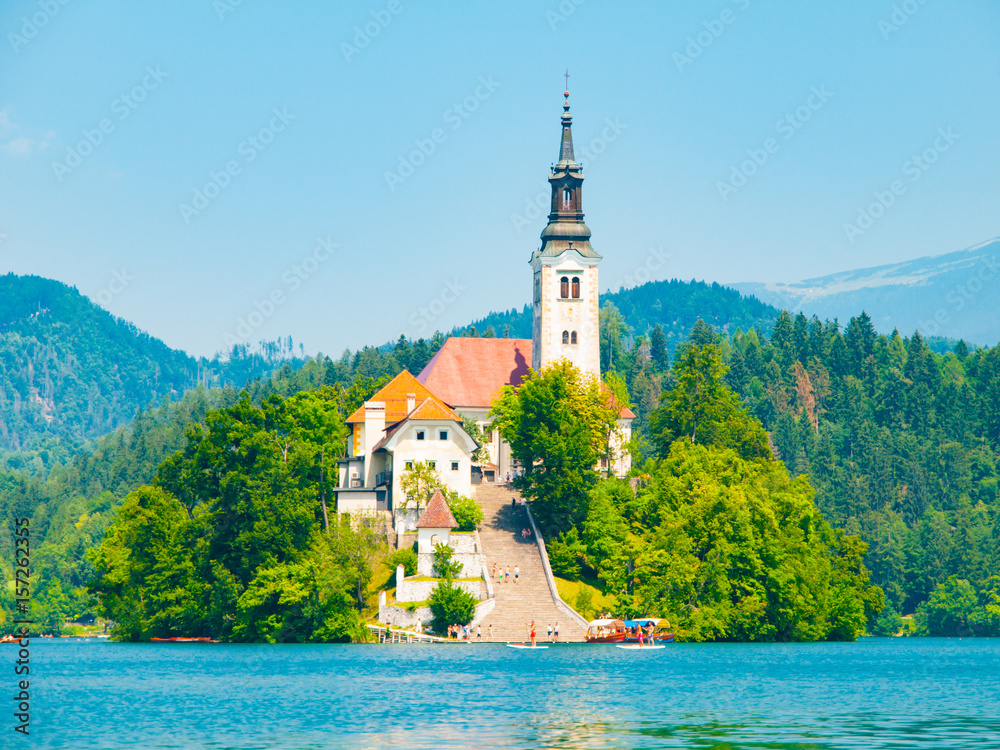 Baroque Church of the Assumption of Saint Mary on Bled Island, Lake Bled, Julian Alps, Slovenia, Europe.