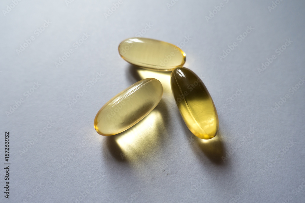Three softgels of evening primrose oil supplement Three softgels of evening primrose oil supplement