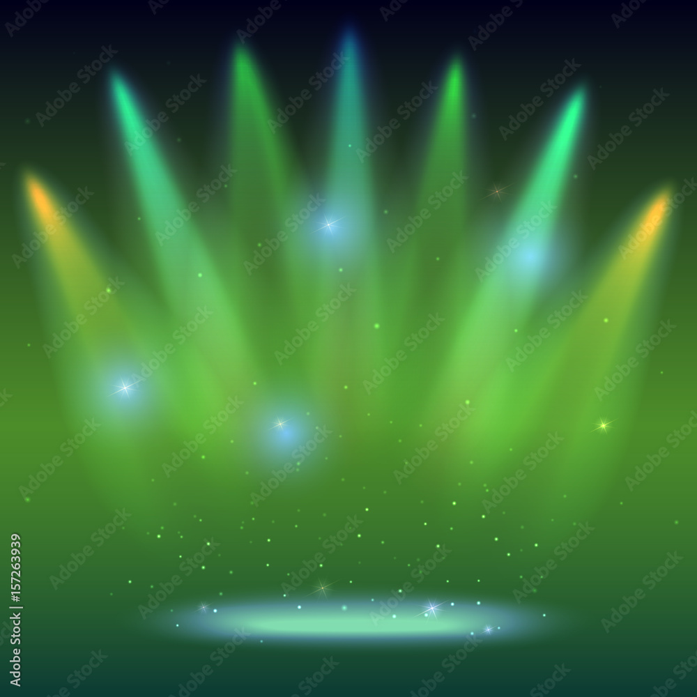 Background with rays of light from the colored spotlights. Bright lighting with coloring spotlights, projector. Shined scene, illumination effects on dark backdrop.