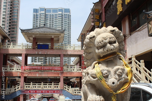 Chinese Carved Stone Lions in Xining City Qinghai Province China Asia photo