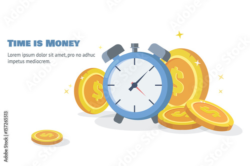 Time is money concept. A clock in a pile of stacked coin.Money saving.Flat vector