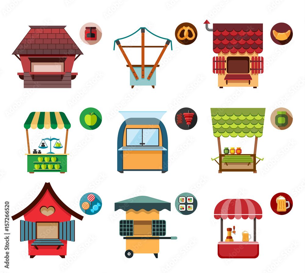 Collection of movable and fixed stalls for external usage. Set of stylized illustrations of promo stands, food stalls, kiosks, market stalls and various promotional and sales objects.