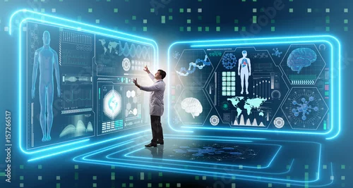 Obraz Mężczyzna lekarka w futurystycznej medycyny medycznym pojęciu