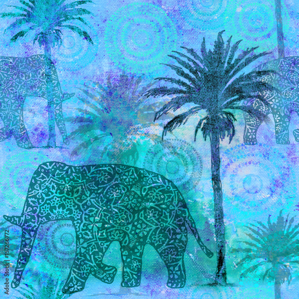 Elefant und Palmen, nahtlos kachelbares Muster Stock Illustration