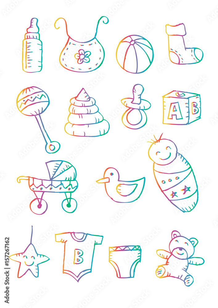 Newborn baby icons. Doodles style.