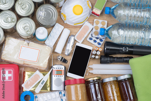 фотографія Objects useful in emergency situations such as natural disasters, top view