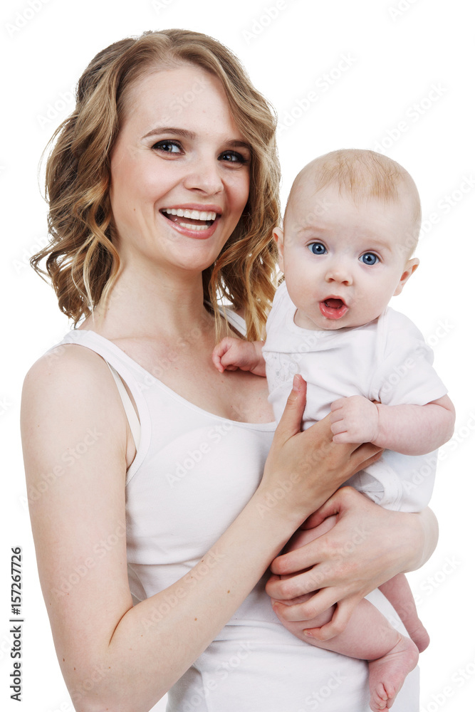 young beautiful mother with baby laughing isolated on white background young beautiful mother with baby laughing isolated on white background