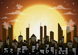 Silhouette of the city and night with  full moon,ghost halloween at the sky.vector