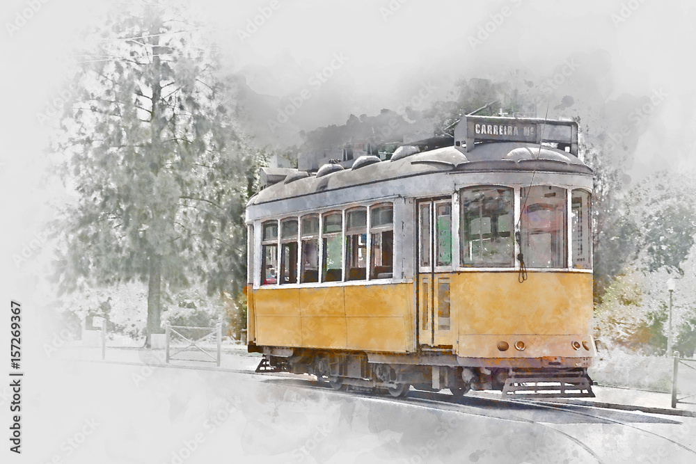 Yellow tram in Lisbon, Portugal, watercolor