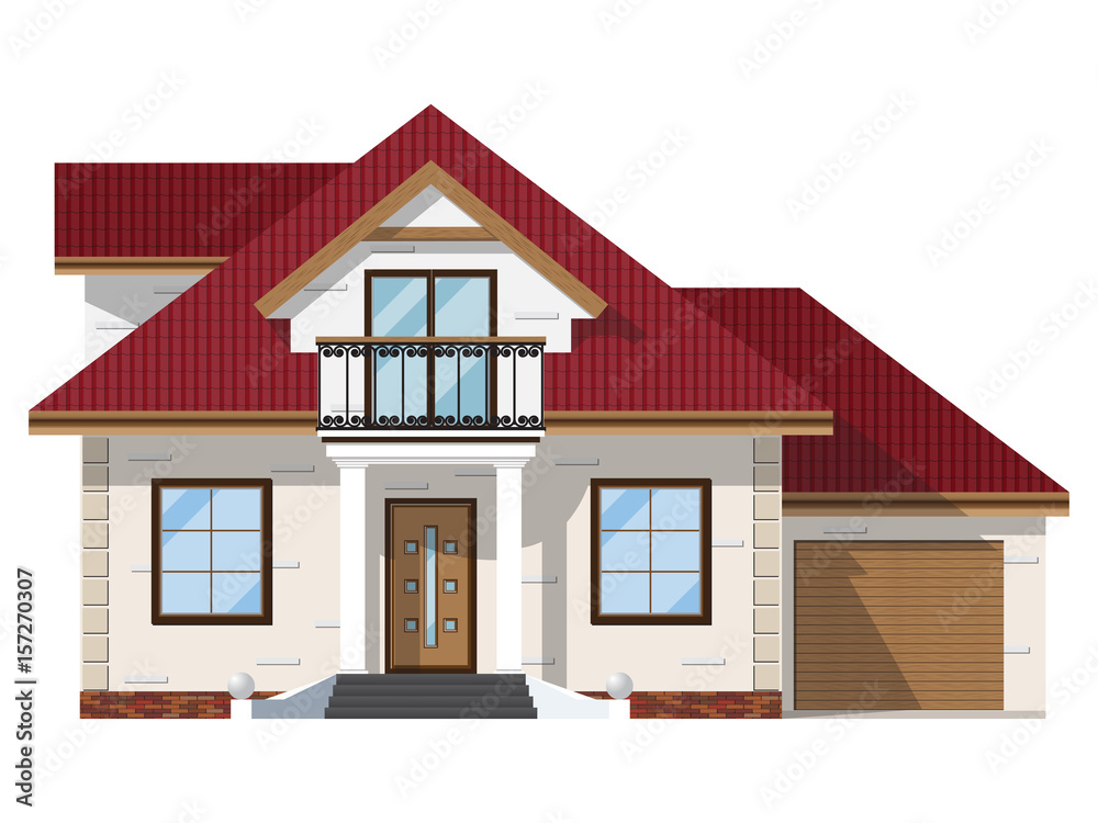 The facade of brick house with a balcony and garage. Two-story building on a white background. Vector illustration.