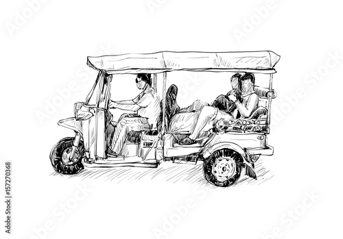 sketch of transportation city show traditional taxi motocycle Tuk-Tuk in Thailand, illustration
