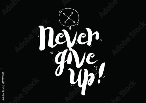 Never give up. Greeting card with modern calligraphy and hand drawn elements. Isolated typographical concept. Inspirational motivational quote. Vector design.