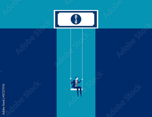 Businessman on swing dangling from dollar sign. Concept business vector.
