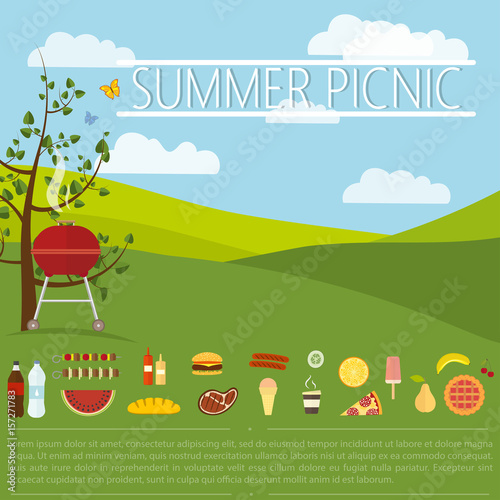 Grill in the nature for a summer picnic, a set of food and snacks and space for text mockup