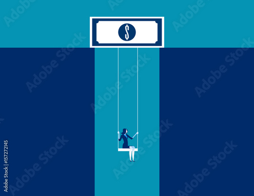 Businesswoman on swing dangling from dollar sign. Concept business vector.