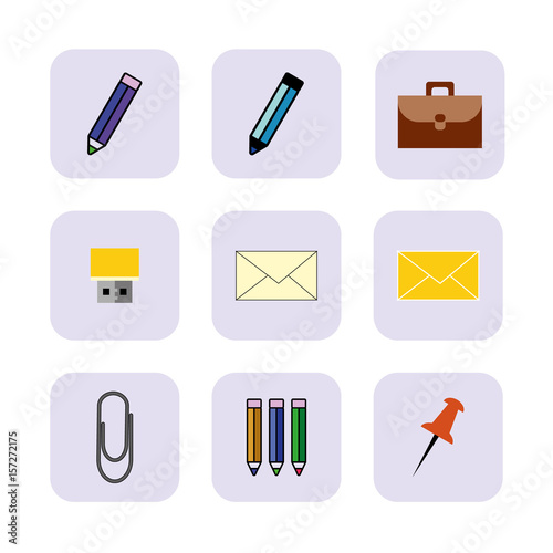 Office icons - pencil, pen, folder, memory stick, message, clip, pencils, pin