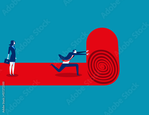 Businesswoman walks red carpet and staff rolls out. Concept business vector.