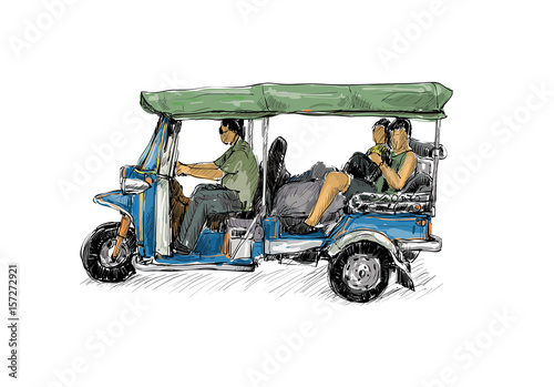 sketch of transportation city show traditional taxi motocycle Tuk-Tuk in Thailand, illustration