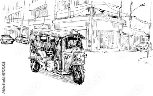 sketch of transportation city show traditional taxi motocycle Tuk-Tuk in Thailand, illustration