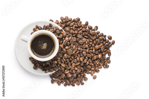 bunch of coffee beans on cup of coffee, on white background
