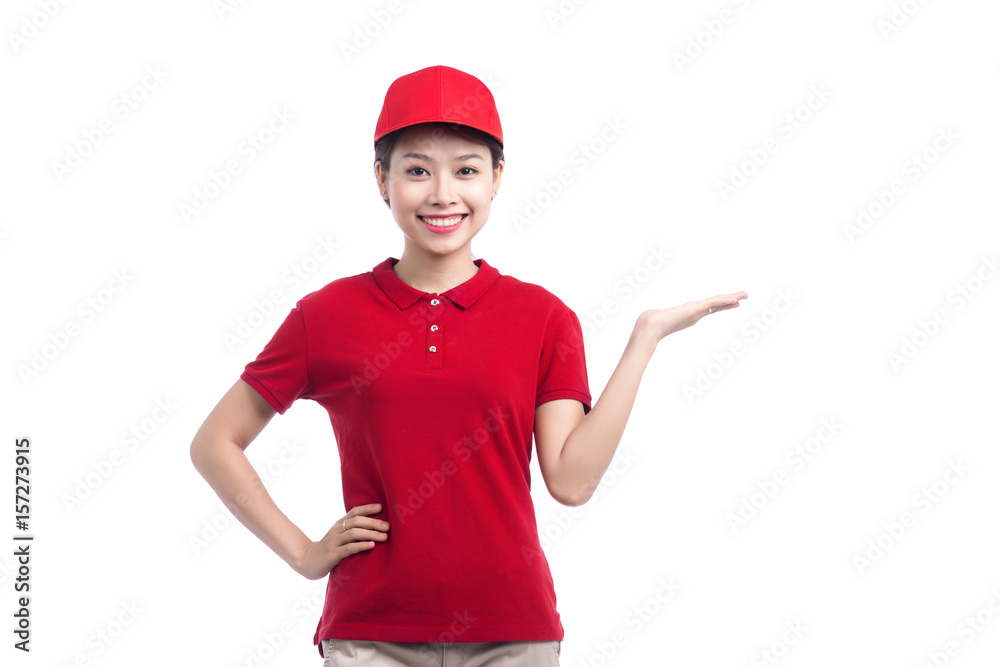 Portrait of delivery woman show something isolated on white background. Portrait of delivery woman show something isolated on white background.