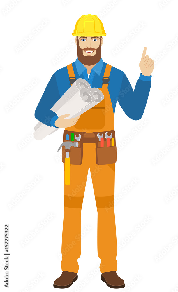 Worker holding the project plans and pointing up Worker holding the project plans and pointing up