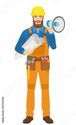 Worker with loudspeaker holding the project plans