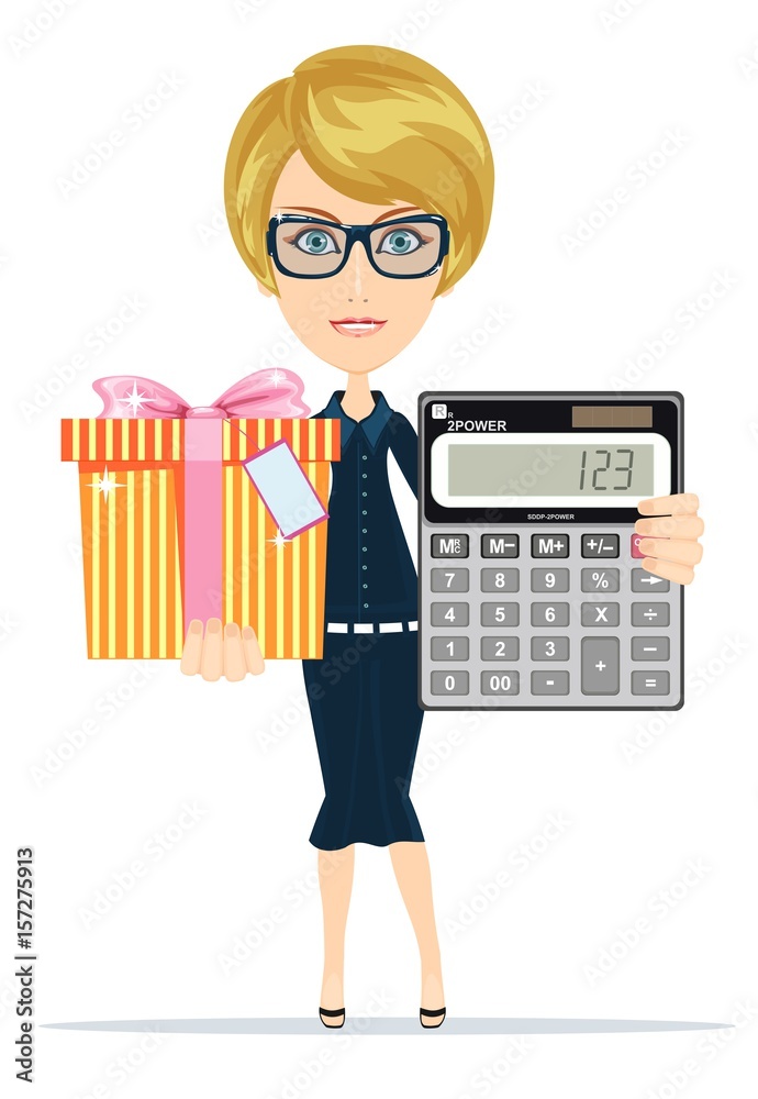 Woman holding an electronic calculator and gift box. Stock vector illustration for poster, greeting card, website, ad, business presentation, advertisement design. Woman holding an electronic calculator and gift box. Stock vector illustration for poster, greeting card, website, ad, business presentation, advertisement design.