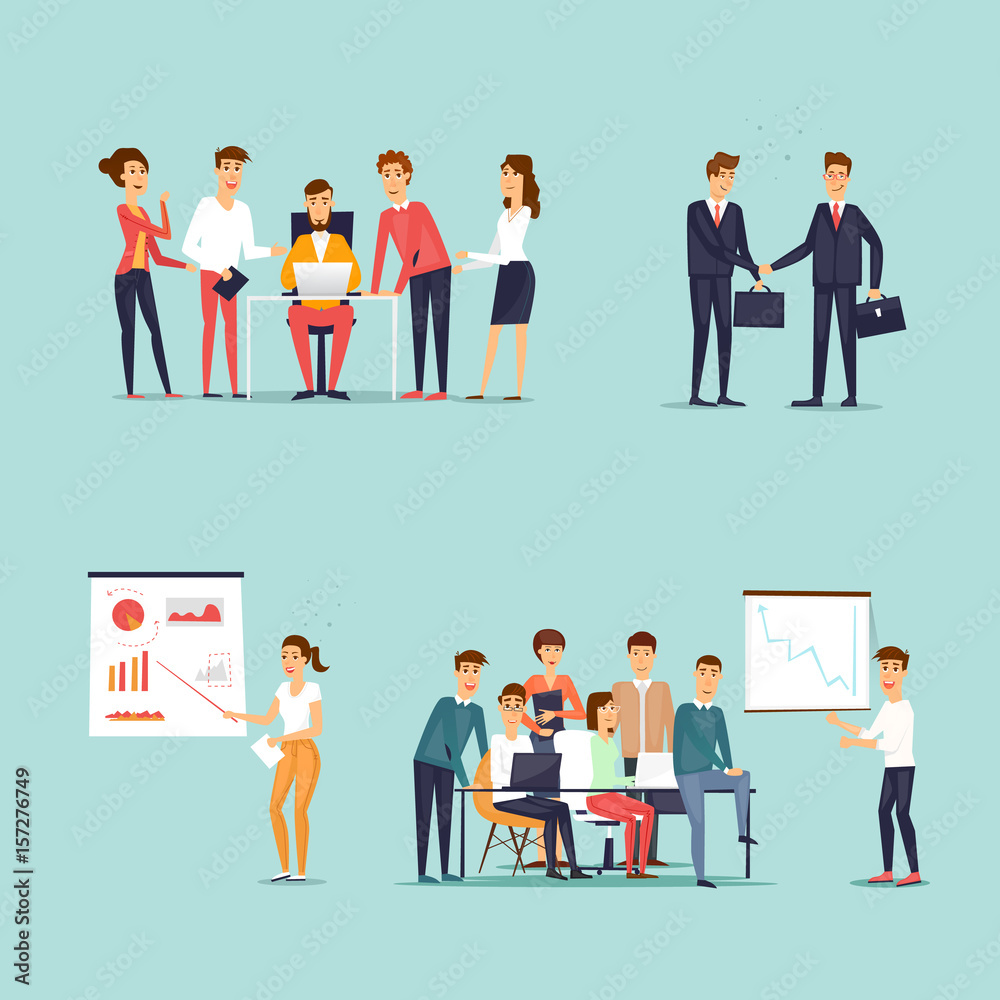 Business characters. Co working people, meeting, teamwork, collaboration and discussion, conference table, brainstorm. Workplace. Office life. Flat design vector illustration. Business characters. Co working people, meeting, teamwork, collaboration and discussion, conference table, brainstorm. Workplace. Office life. Flat design vector illustration.