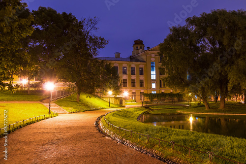 Night view of alley, park and pond in Yusupov Garden, Saint Petersburg, Russia. © dr_verner