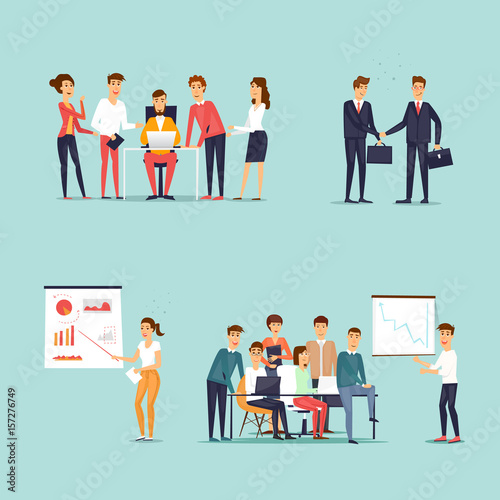 Business characters. Co working people, meeting, teamwork, collaboration and discussion, conference table, brainstorm. Workplace. Office life. Flat design vector illustration.